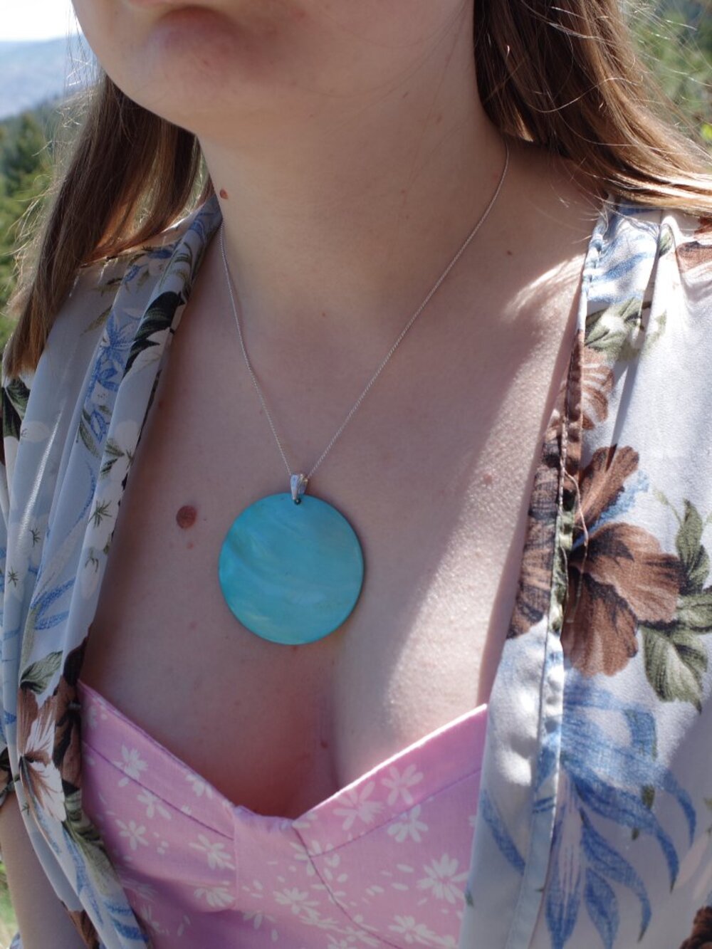 Ladies Silver Chain With Blue Shell Necklace